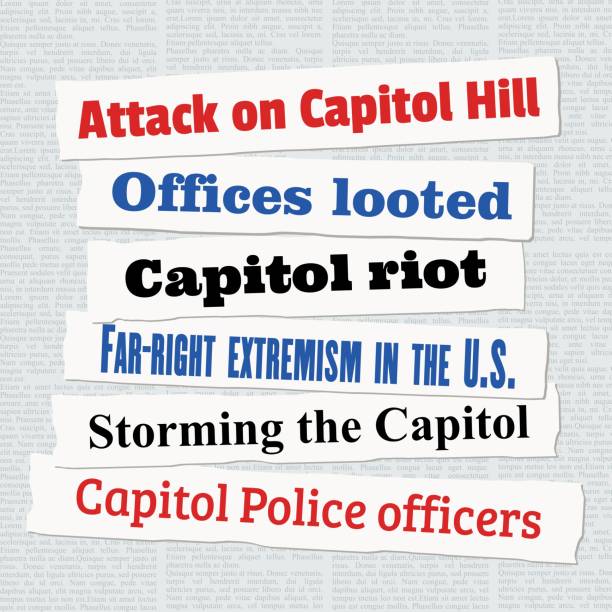 Capitol riot headlines US Capitol attack news headlines. Newspaper clippings about storming Capitol Hill and Capitol riot. newspaper titles stock illustrations