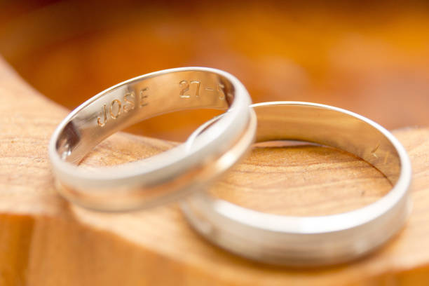 istock Selective focus of wedding rings on a wooden surface 1465488644