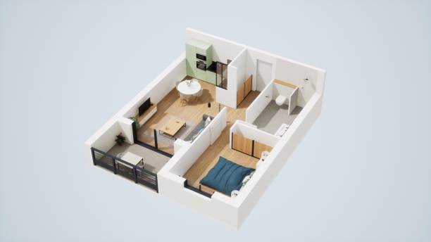 istock 3D-rendered illustration of a one-bedroom apartment, room plan visualization from above 1465488747