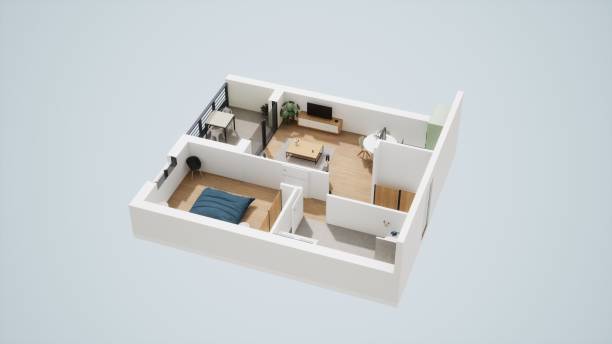 istock 3D-rendered illustration of a one-bedroom apartment, room plan visualization from above 1465488751