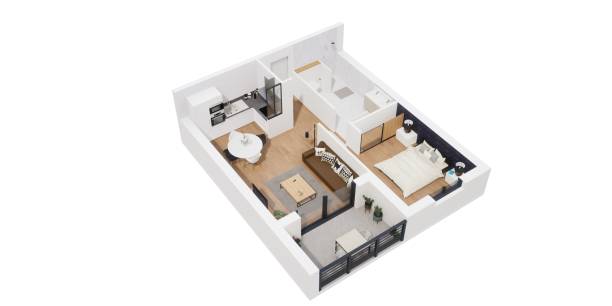 istock 3D rendering of a residential apartment floor plan, featuring a spacious living room 1465488794