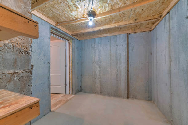 istock Cold food storage with concrete walls and empty wooden racks 1465490553