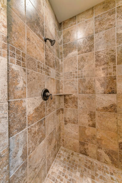 istock Luxury shower cabin design with marble brown tiles 1465490696