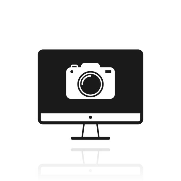 ilustrações de stock, clip art, desenhos animados e ícones de desktop computer with camera. icon with reflection on white background - conference call flash