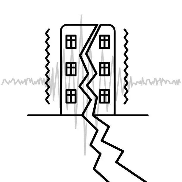 Vector illustration of The house vibrates. Seismograph data record the tremors of an earthquake. Sound wave.