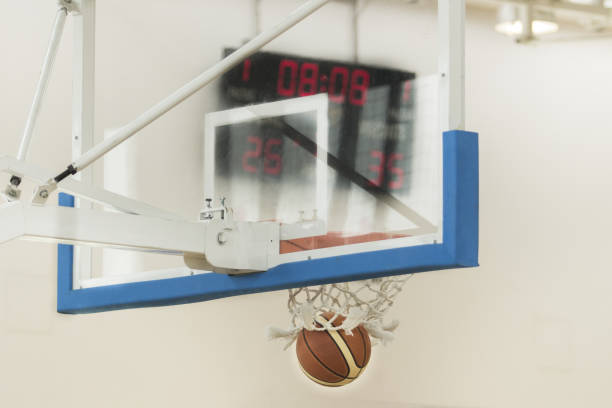 istock Ball has fallen into a ring net on a basketball backboard 1465492324