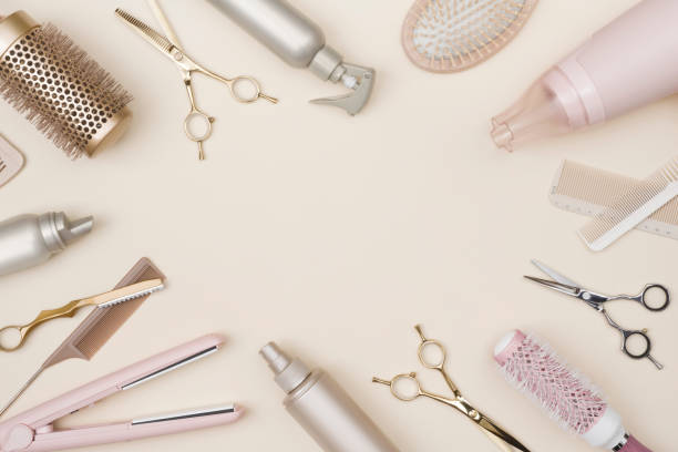 istock Various hair dresser tools on cream background with copy space 1465493529