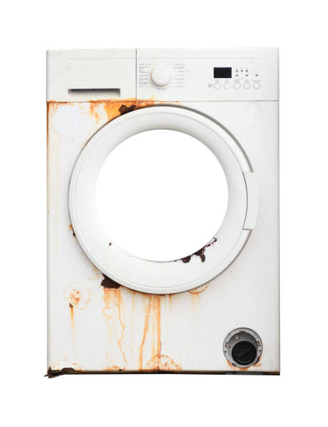 istock Old rusty broken washing machine on a white background with an isolated window. 1465493926