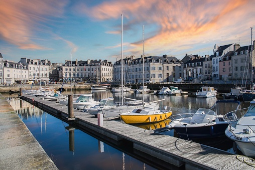 Vannes, medieval city in Brittany, boats in the harbor, with typical houses