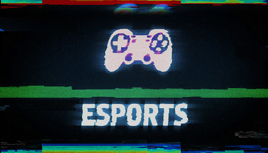 Esports symbol light flashing on display macro view. E-sport gaming and videogame icon on dashboard control screen. VHS style abstract technology concept 3D illustration.