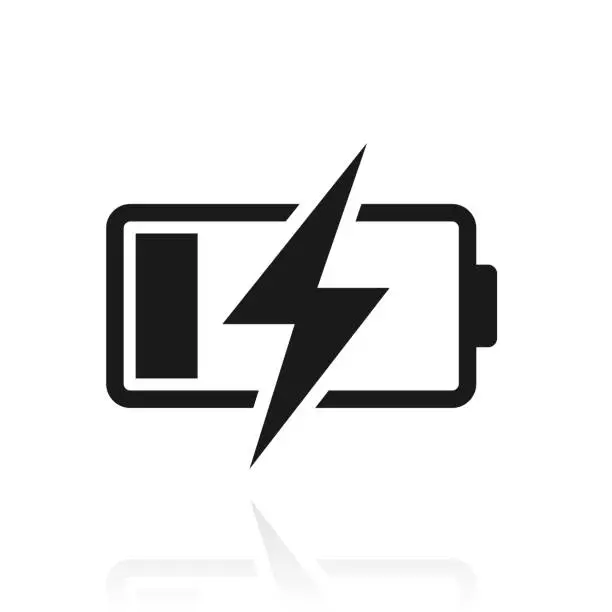 Vector illustration of Battery charging. Icon with reflection on white background