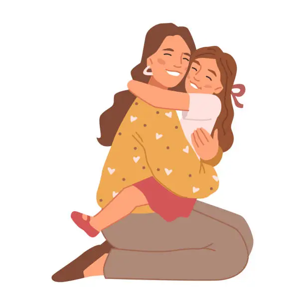 Vector illustration of Mom hugging daughter, isolated smiling mother cuddling kid. Happy family moments and bonding, cheerful people spending time together. Vector in flat style