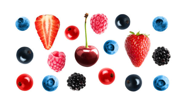 istock Collection of fresh berries isolated on white. Strawberry, blueberry, cherry, raspberry, currant, blackberry 1465497702