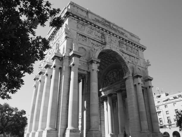 The grayscale of Victory Arch, Genoa, Italy