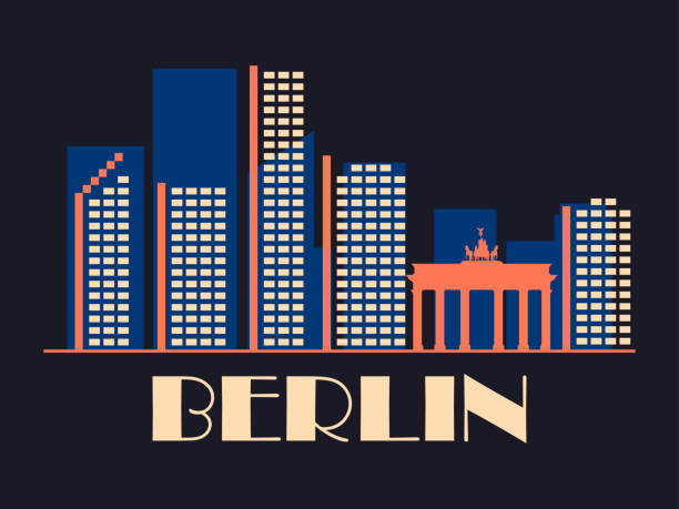 illustrations, cliparts, dessins animés et icônes de paysage berlinois de style vintage. bannière rétro de la ville de berlin avec la porte de brandebourg et les maisons de style linéaire. conception pour l’impression, les affiches et le matériel promotionnel. logo de la ville. illustration vectorielle - berlin germany skyline silhouette brandenburg gate