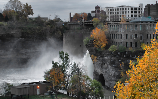 View of the High Falls in Rochester, New York on an overcast autumn day