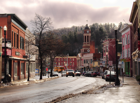 The beautiful small village of Saranac Lake, New York located in the Adirondack State Park in wintertime