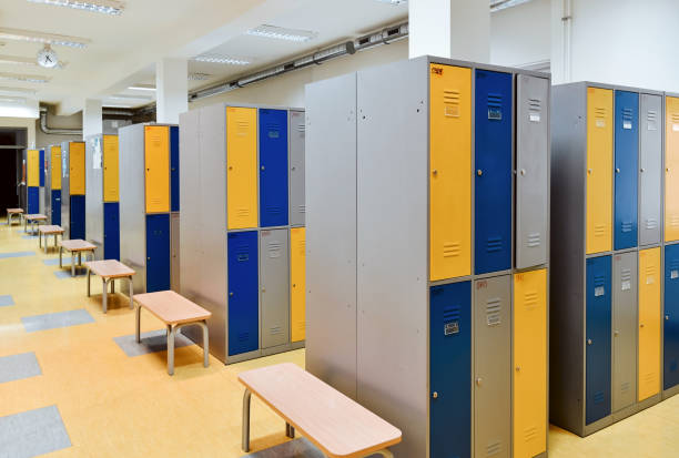 istock School hallway with colorful lockers. 1465501306