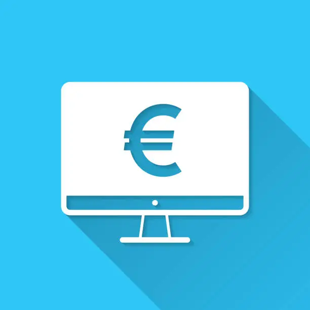 Vector illustration of Desktop computer with Euro sign. Icon on blue background - Flat Design with Long Shadow