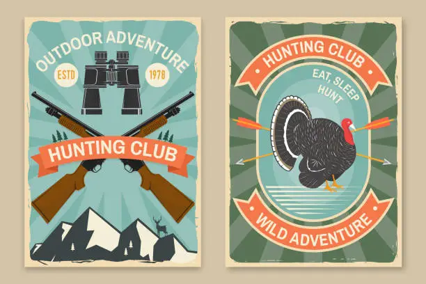 Vector illustration of Hunting club poster, banner. Vector. Vintage typography design with hunting gun, binoculars, mountains, turkey and forest silhouette. Outdoor adventure hunt club emblem.