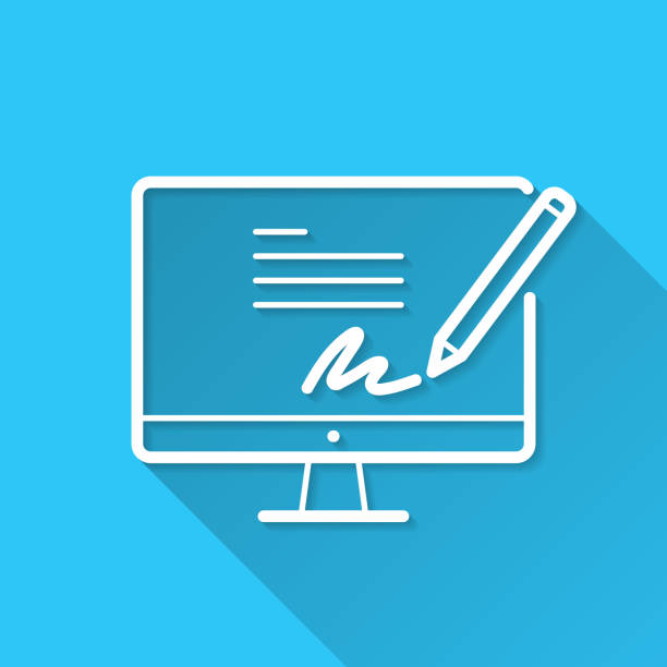 podpis elektroniczny na komputerze stacjonarnym. ikona na niebieskim tle - płaska konstrukcja z długim cieniem - podpis elektroniczny stock illustrations