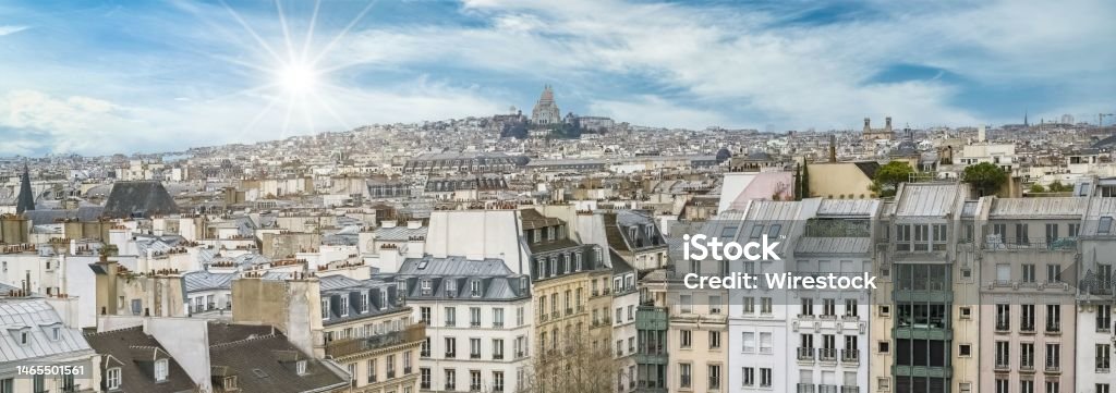 Paris, panorama of the city, with Montmartre Paris, panorama of the city, with Montmartre and the Sacre-Choeur basilica in background Aerial View Stock Photo