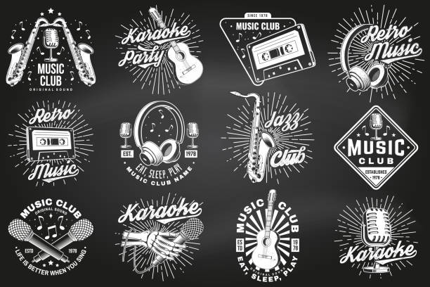 illustrazioni stock, clip art, cartoni animati e icone di tendenza di poster musicale retrò, banner alla lavagna. microfono retrò, sassofono, audiocassetta, chitarra acustica classica con disegno tipografico vintage sunburst per t-shirt, emblema, logo, badge design. illustrazione vettoriale. - head in hands audio