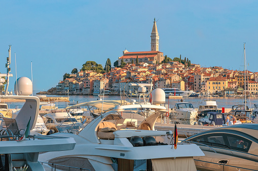 Morning view to Rovinj marina and Rovinj old town, popular travel destination in Istrian county of Croatia