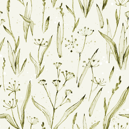Sketch seamless pattern with hand drawn green plants and herbs. Botanic vector illustration in green and gray colors for  fabric, wrapping paper, page fill