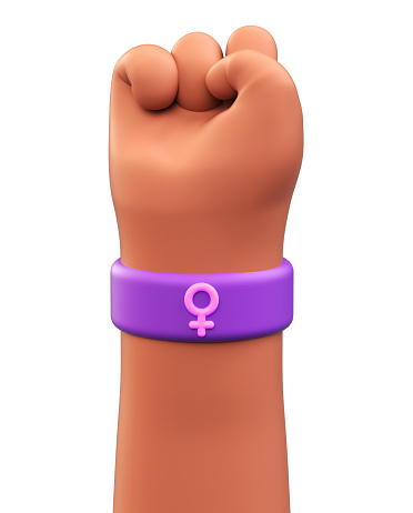 Isolated raised fist of a hispanic woman with female symbol on bracelet for international women's day and feminist activism in 3D illustration. March 8 and activism for women rights