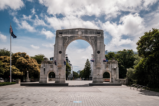 Christchurch, New Zealand - December 25th 2022: The Bridge of Remembrance, a memorial dedicated to those that died in World Wars 1 and 2 which was unveiled on 11th November 1924