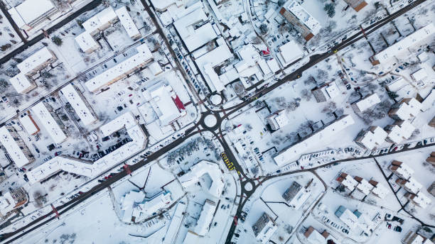 istock Top of view mountain town covered with snow 1465507770