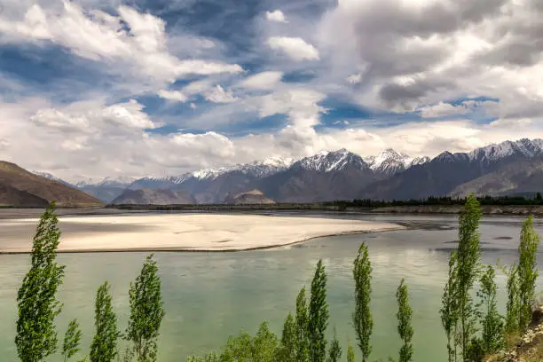 Indus river turning at skardu - the sand and turquoise water
