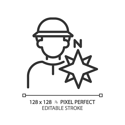 Explorer pixel perfect linear icon. Inquisitive person. Adventurer. Character and brand archetype. Psychoanalysis. Thin line illustration. Contour symbol. Vector outline drawing. Editable stroke