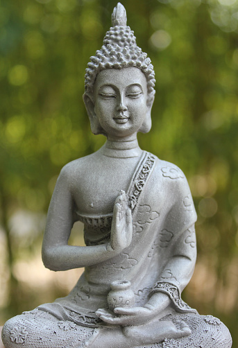 A closeup of a Buddha Statue in a garden with a green blurred background