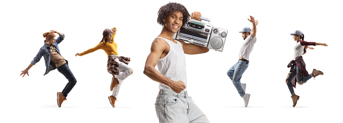 African american guy holding a boombox and people dancing in the back isolated on white background