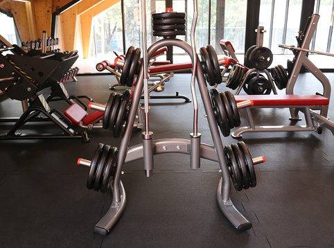 Cracow, Malopolska, Poland - 08.25.2021: Modern fitness gym equipment: weights on the rack.
