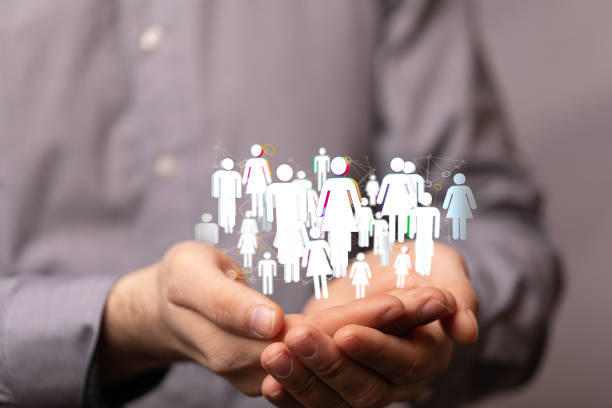 istock Male's hands holding illustrated network connection with statistics numbers 1465516457