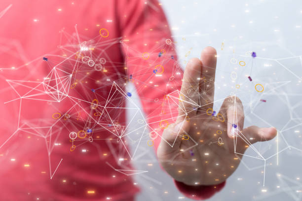 istock 3D rendered global digital connection with technology with a male hand in the background 1465516531