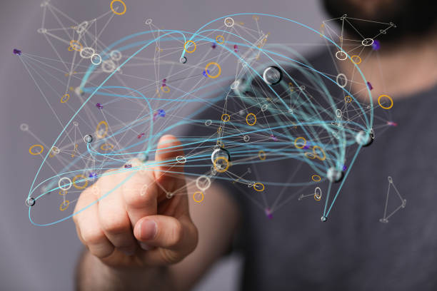 istock Illustration of binary codes and a human hand touching a transparent screen 1465516825