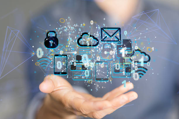 istock Human hand showing network communications with email, lock, and cloud symbols 1465517378