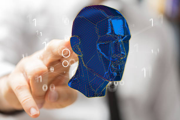 istock Close up of fingers touching 3D artificial Intelligence concept, Creative brain concept 1465517425