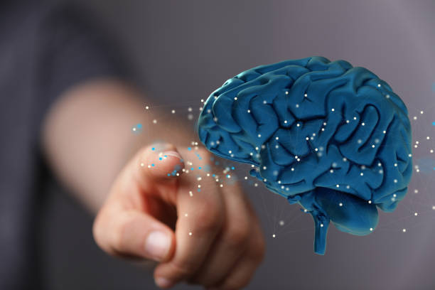 istock Abstract shot of a man's hand touching a 3D rendered brain in neural networks, AI 1465517667