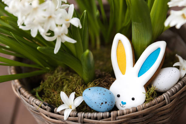 istock Easter bunny gingerbread cookie with ears yellow blue colored as Ukraine flag 1465517696