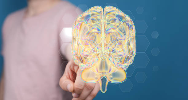 istock Abstract shot of a woman's hand touching a 3D rendered brain in neural networks, AI 1465517816