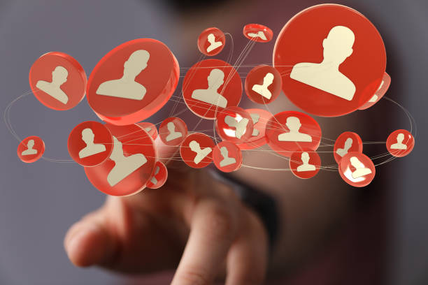 istock Person tapping floating 3D rendered red human icons 1465517909