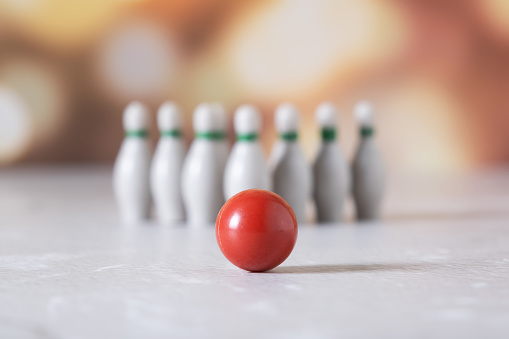 Board game of bowling. Skittles and bowling ball.