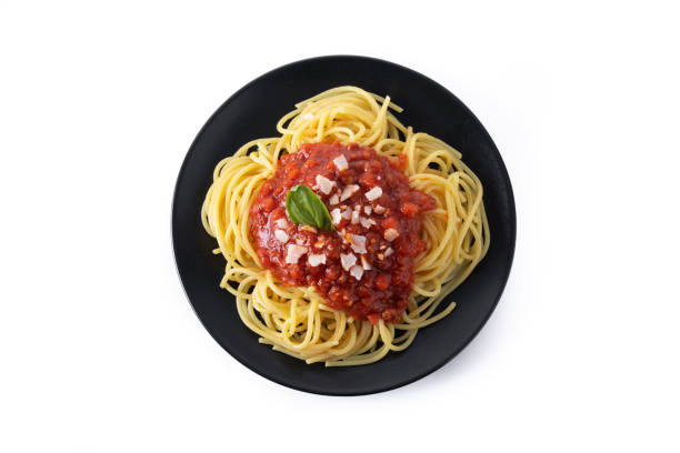 istock Spaghetti with bolognese sauce isolated on white background 1465521526