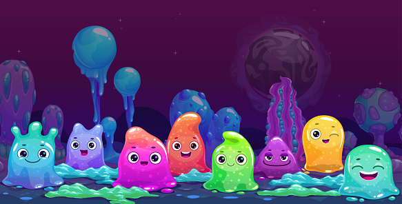 Cute childish horizontal banner with colorful tiny slime characters on the alien planet background. Vector cartoon illustration.