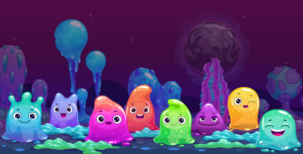 Cute cartoon banner with colorful slimy aliens Cute childish horizontal banner with colorful tiny slime characters on the alien planet background. Vector cartoon illustration. slime monster stock illustrations